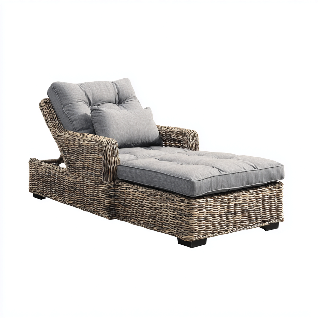 Transat en résine tressée et textile 75x200x95 cm - naturel et gris - pour extérieur - design contemporain-Gazensahome