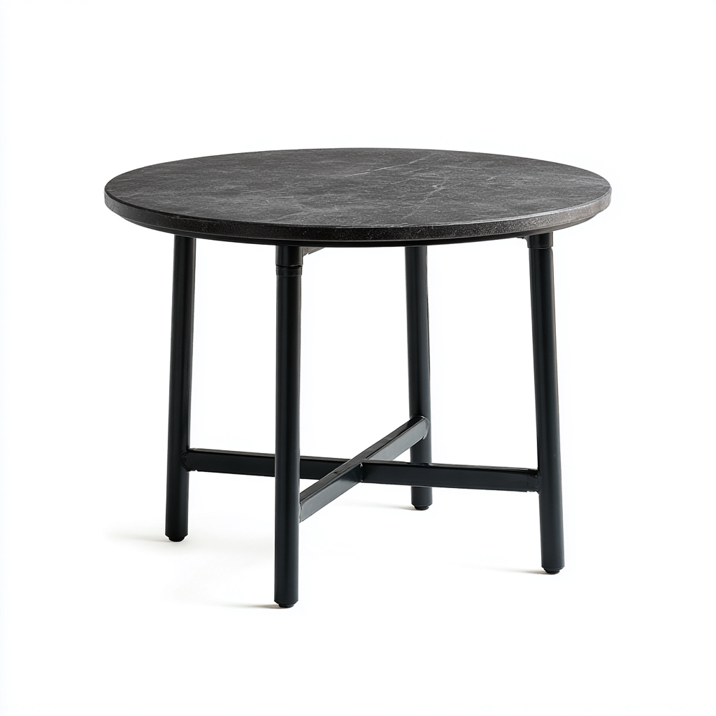Table de jardin ronde en métal et plateau effet pierre 90x90x75 cm - noir - style contemporain extérieur-Gazensahome
