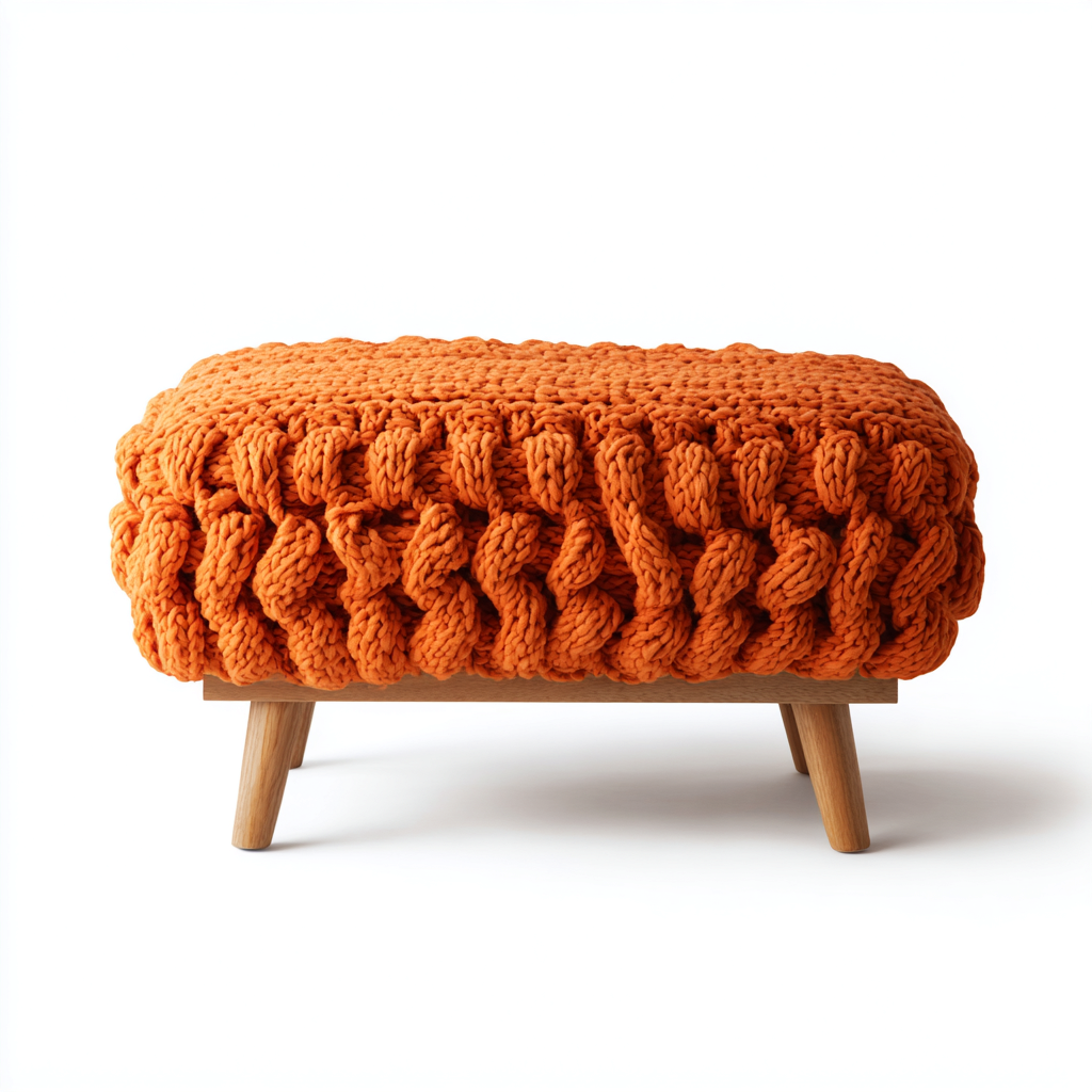 Pouf en maille tricotée et bois massif 45x45x40 cm - orange - style contemporain pour salon et chambre-Gazensahome