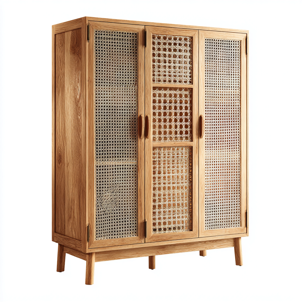 Armoire de rangement en bois et cannage 150x55x180 cm - couleur bois - style naturel contemporain-Gazensahome