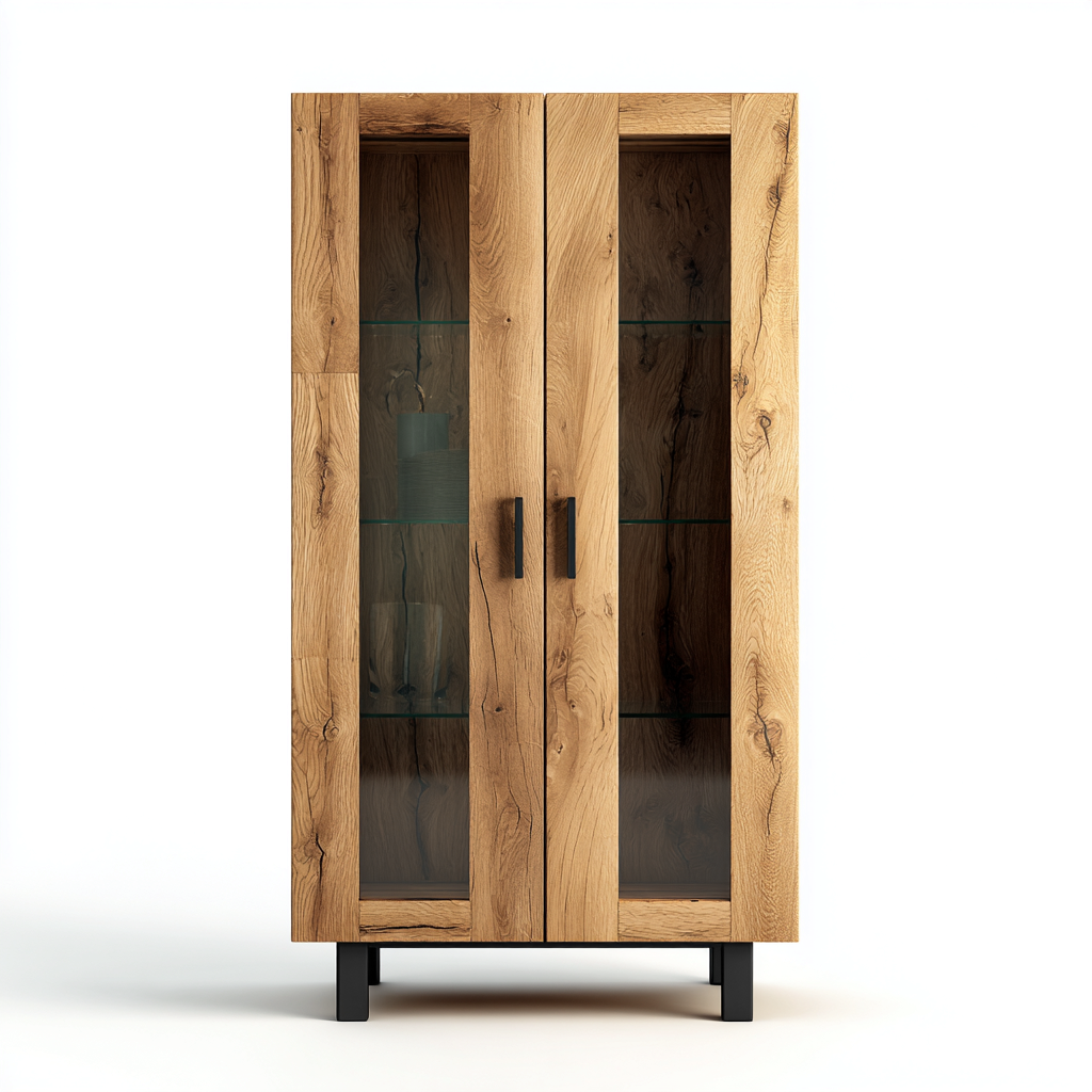Vitrine - bois - verre - métal - 95x45x185 cm - chêne naturel-noir - style moderne pour salon ou salle à manger-Dadorjahome