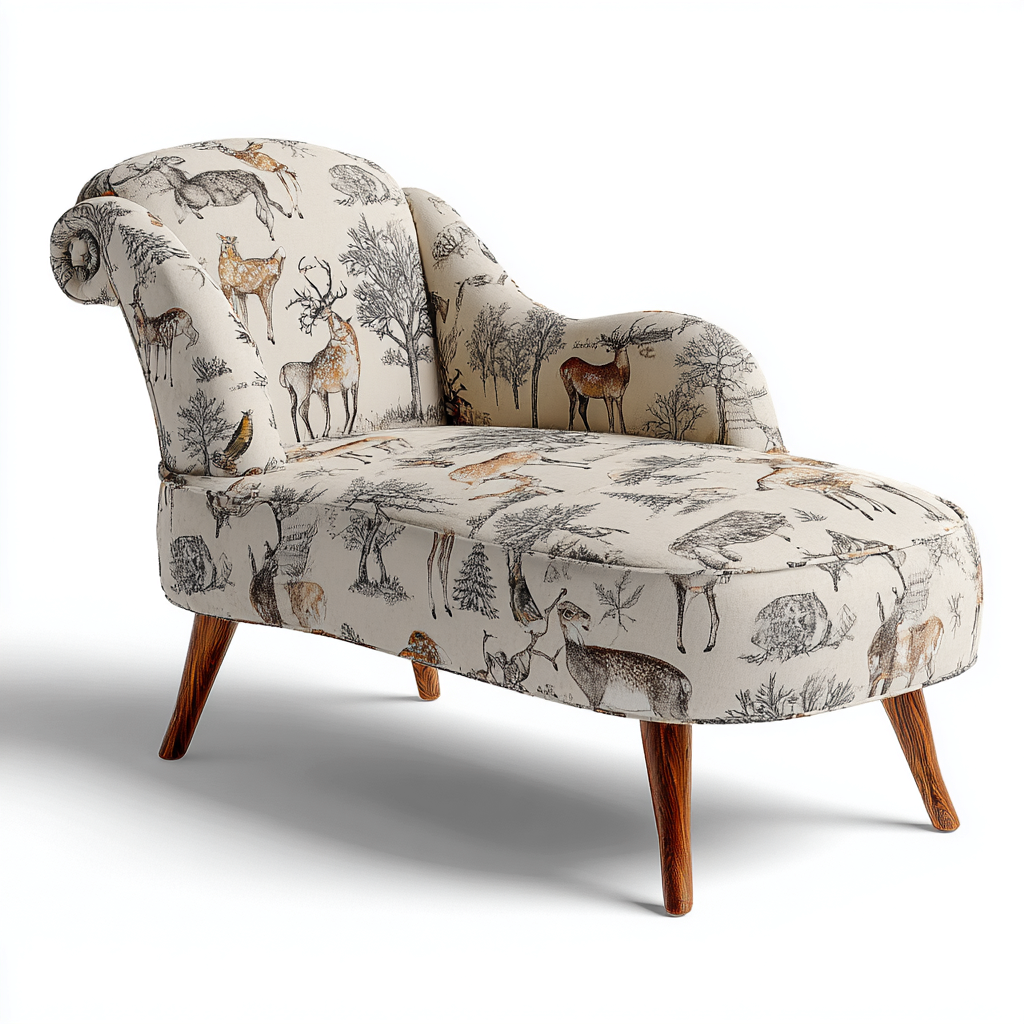 Chaise longue-tissu imprime-bois-161x74x81cm-creme-marron-style retro-Dadorjahome