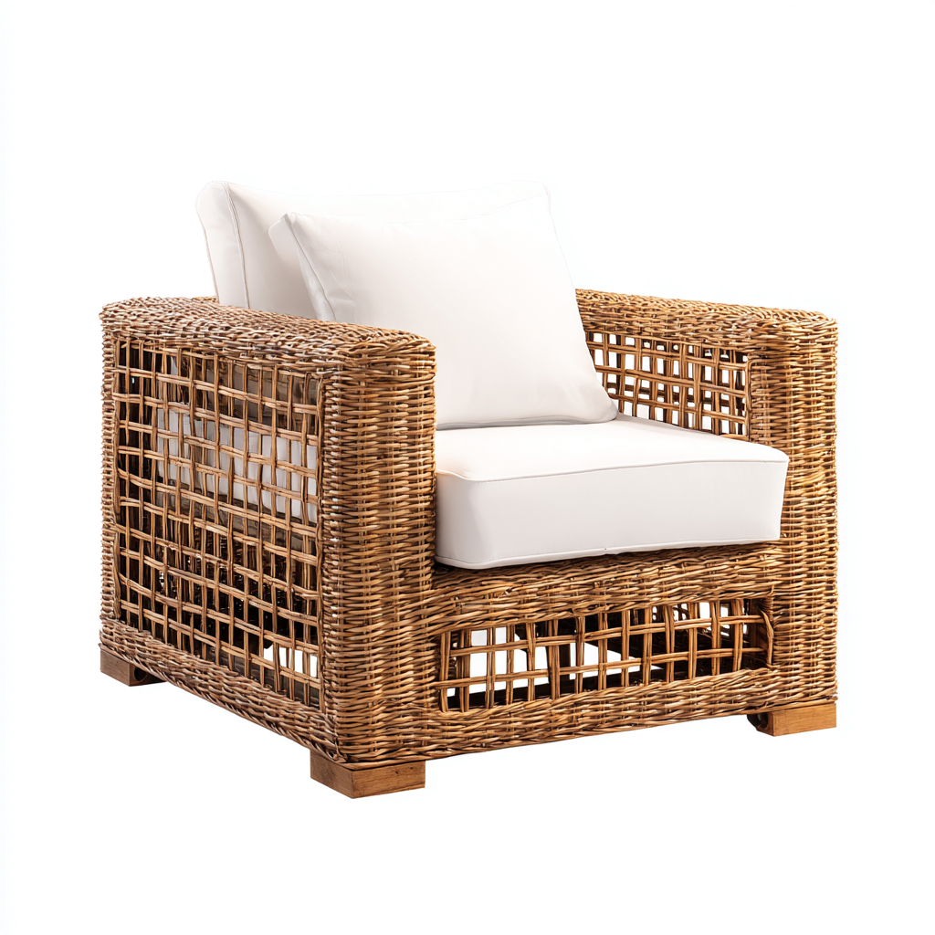 Fauteuil de jardin-rotin-bois-tissu-78x80x75cm-marron-blanc-style naturel-Dadorjahome