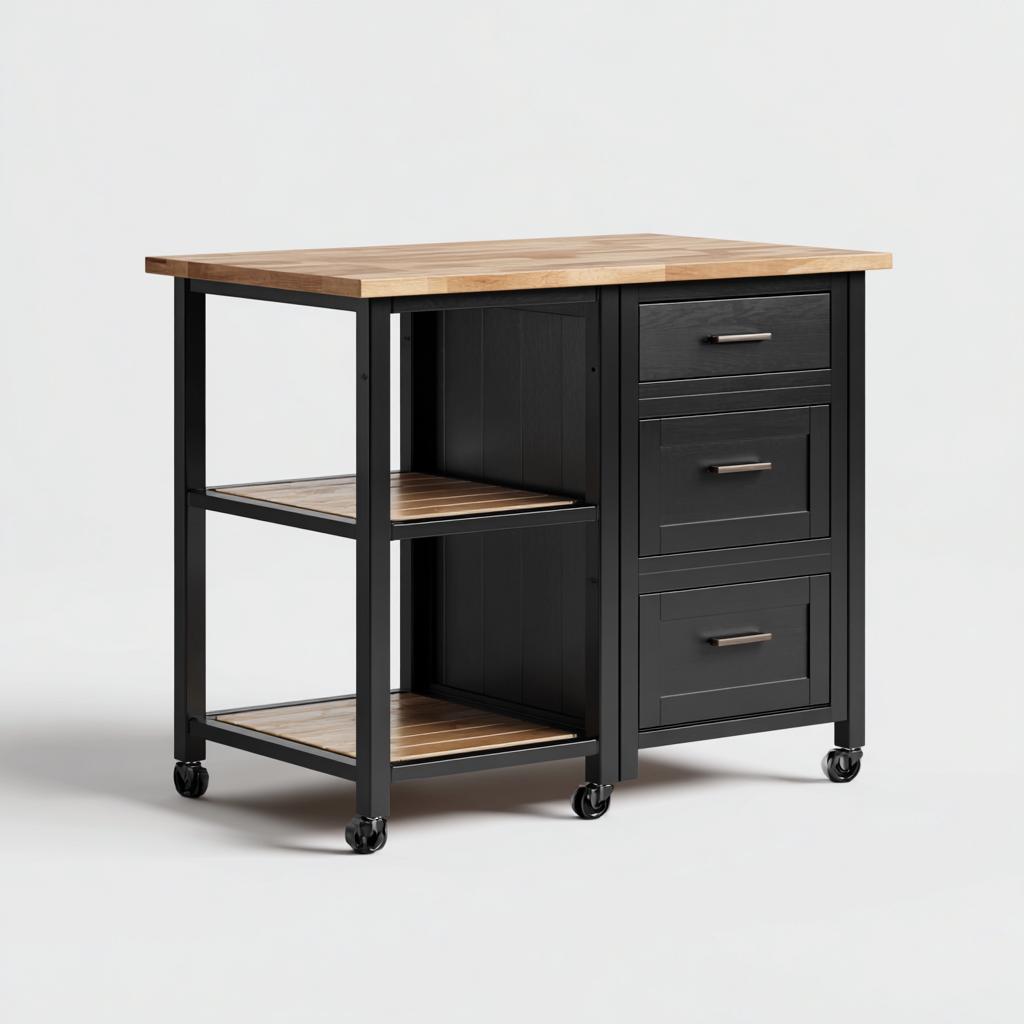 Îlot de cuisine - bois - 118x62x90cm - noir-bois naturel - style industriel-Dadorjahome