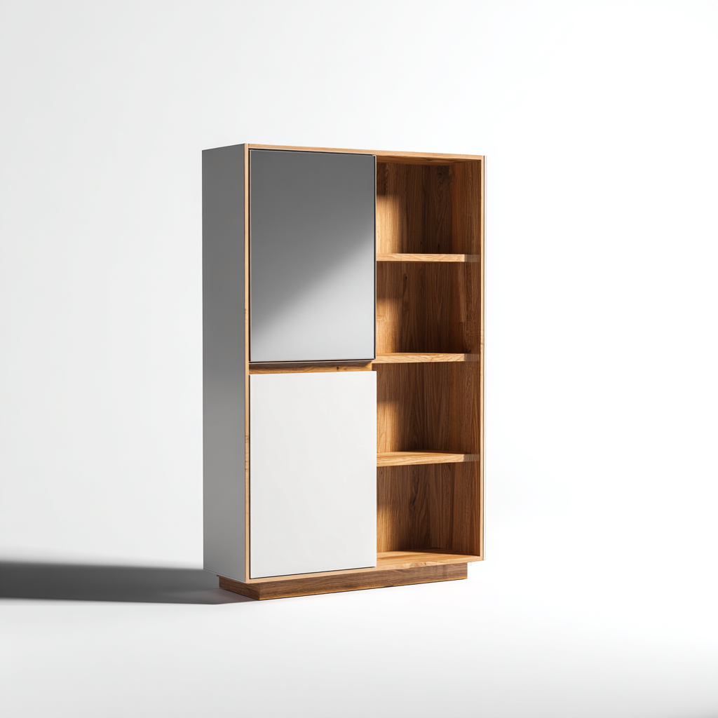 Rangement de salle de bain-bois massif-MDF-verre miroir-50x32x130 cm-blanc-bois naturel-style moderne-Dadorjahome