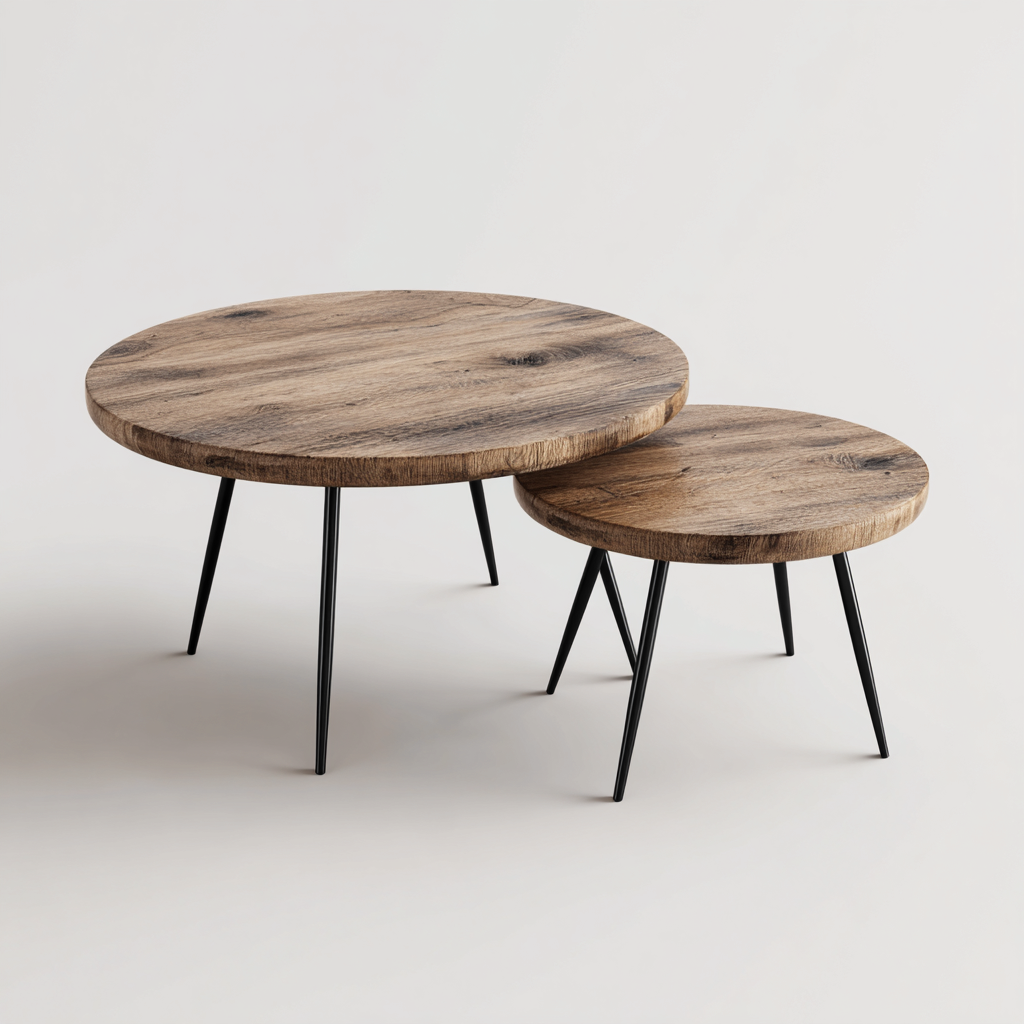 Table basse-bois massif-metal-90x90x44cm-70x70x40cm-bois naturel-noir-style industriel-Dadorjahome