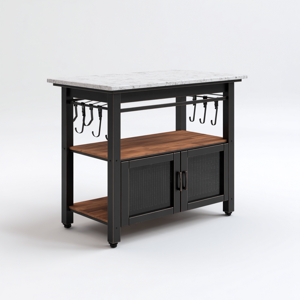 Îlot de cuisine - métal - bois - plateau aspect pierre - 108x58x90cm - noir-bois foncé-blanc pierre - style industriel-Dadorjahome