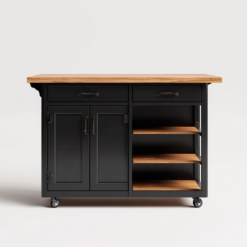 Îlot de cuisine - bois - métal - 120x60x90 cm - noir-bois naturel - style industriel avec rangement mobile-Dadorjahome