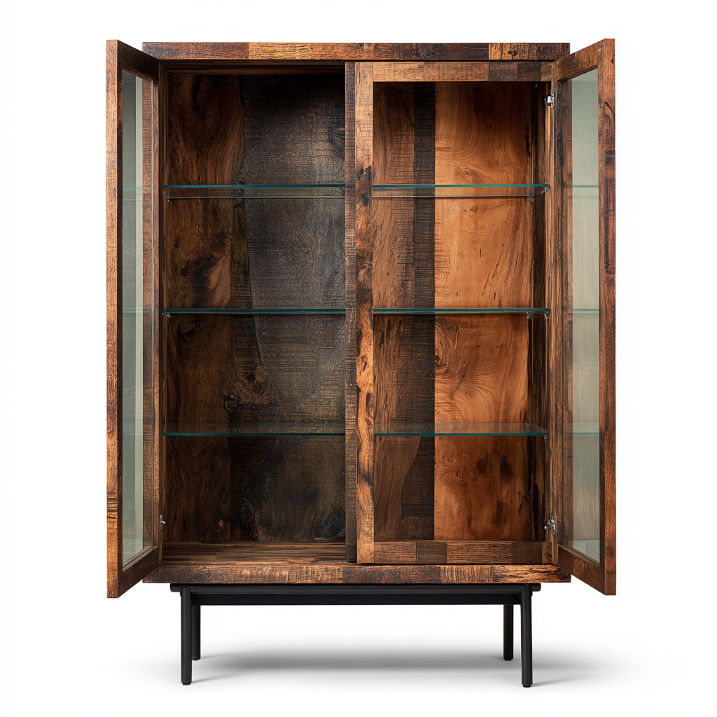 Vitrine - bois - verre - métal - 100x45x170 cm - bois naturel-noir - style industriel pour salon ou salle à manger-Dadorjahome