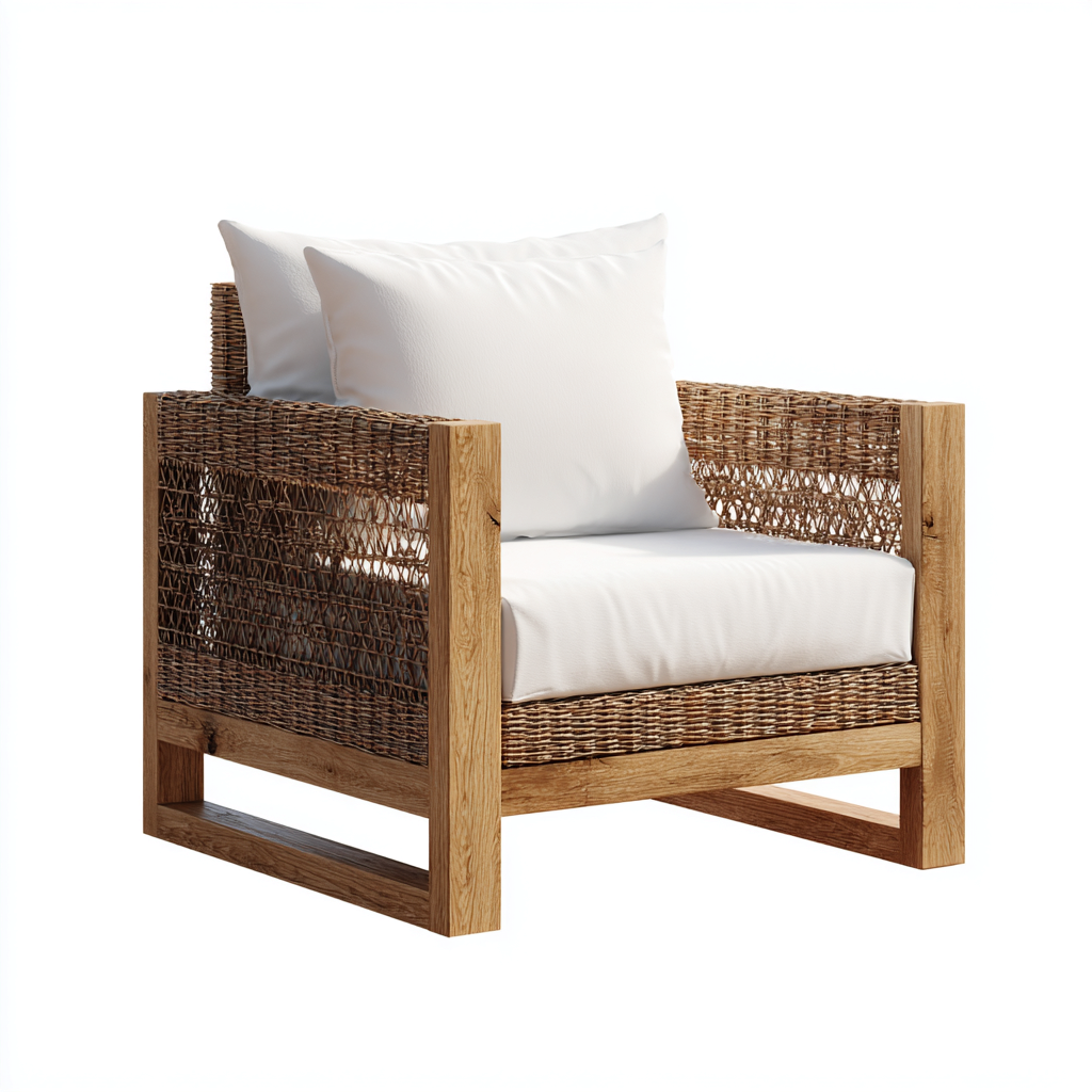 Fauteuil de jardin-rotin-bois-tissu-76x78x74cm-marron-blanc-style naturel-Dadorjahome