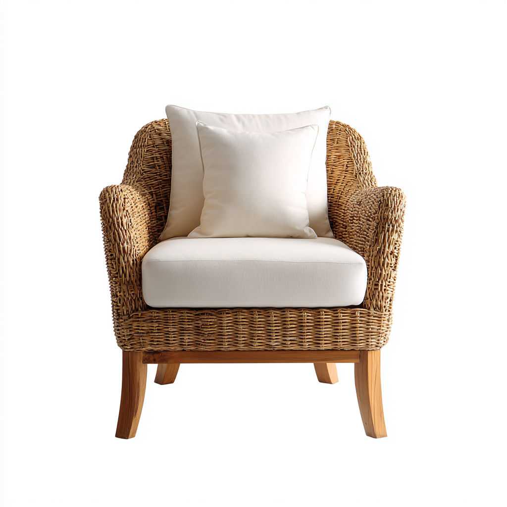 Fauteuil de jardin-rotin-bois-tissu-77x79x78cm-marron-blanc-style naturel-Dadorjahome