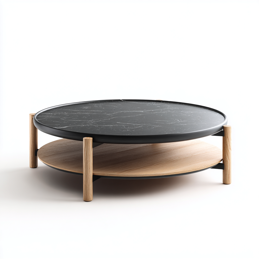Table basse-marbre artificiel-bois-metal-90x90x38cm-noir-bois naturel-style moderne-Dadorjahome