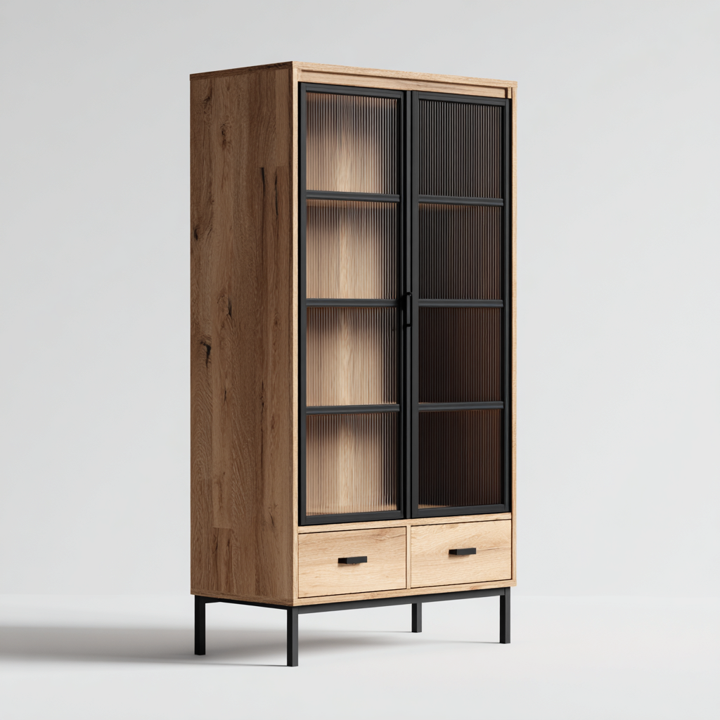 Vitrine - bois - verre - métal - 95x45x185 cm - bois naturel-noir - style industriel pour salon ou salle à manger-Dadorjahome