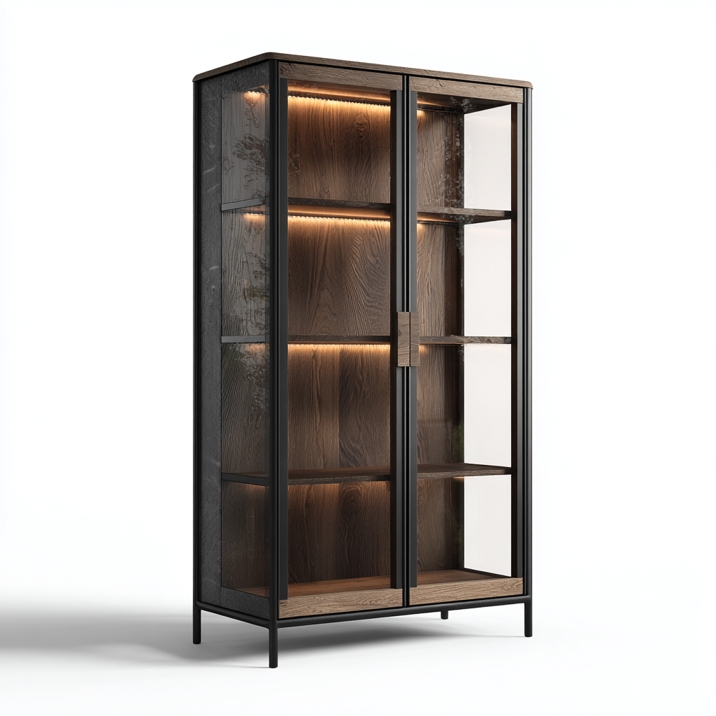 Vitrine - bois - verre - métal - 95x45x185 cm - bois foncé-noir - style industriel pour salon ou salle à manger-Dadorjahome