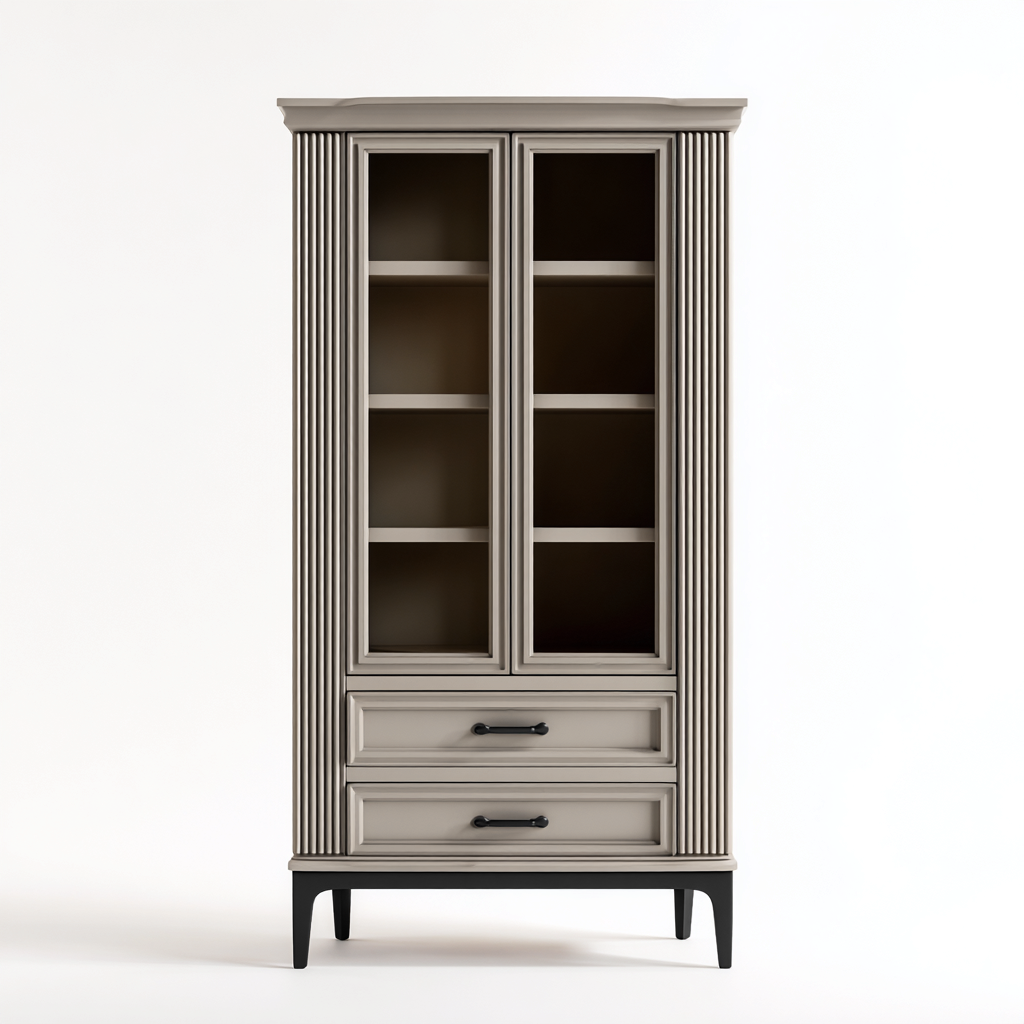 Vitrine en bois et verre 85x40x175 cm - beige clair - style classique pour salon ou salle à manger-Taraacorner