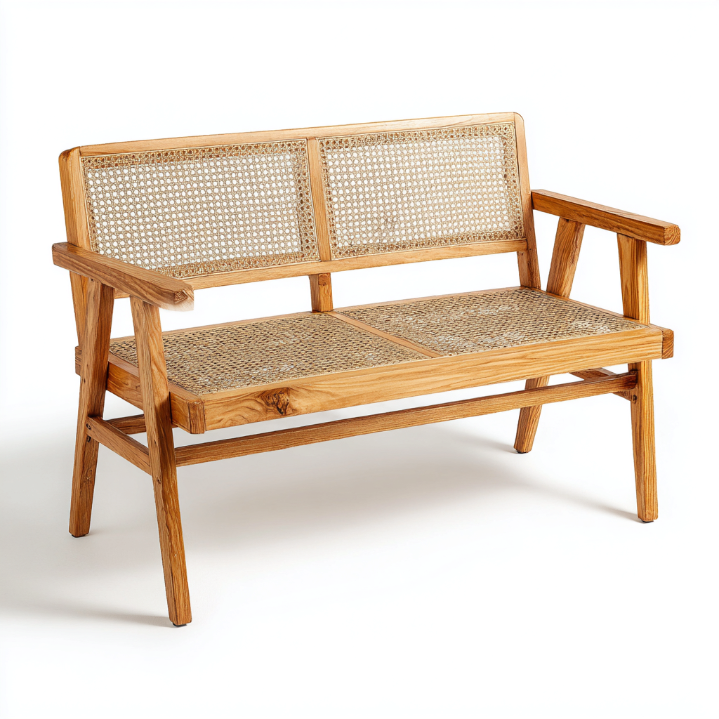 Banc de jardin en bois avec assise en rotin 140x60x85 cm - bois - design naturel avec dossier tressé-Taraacorner