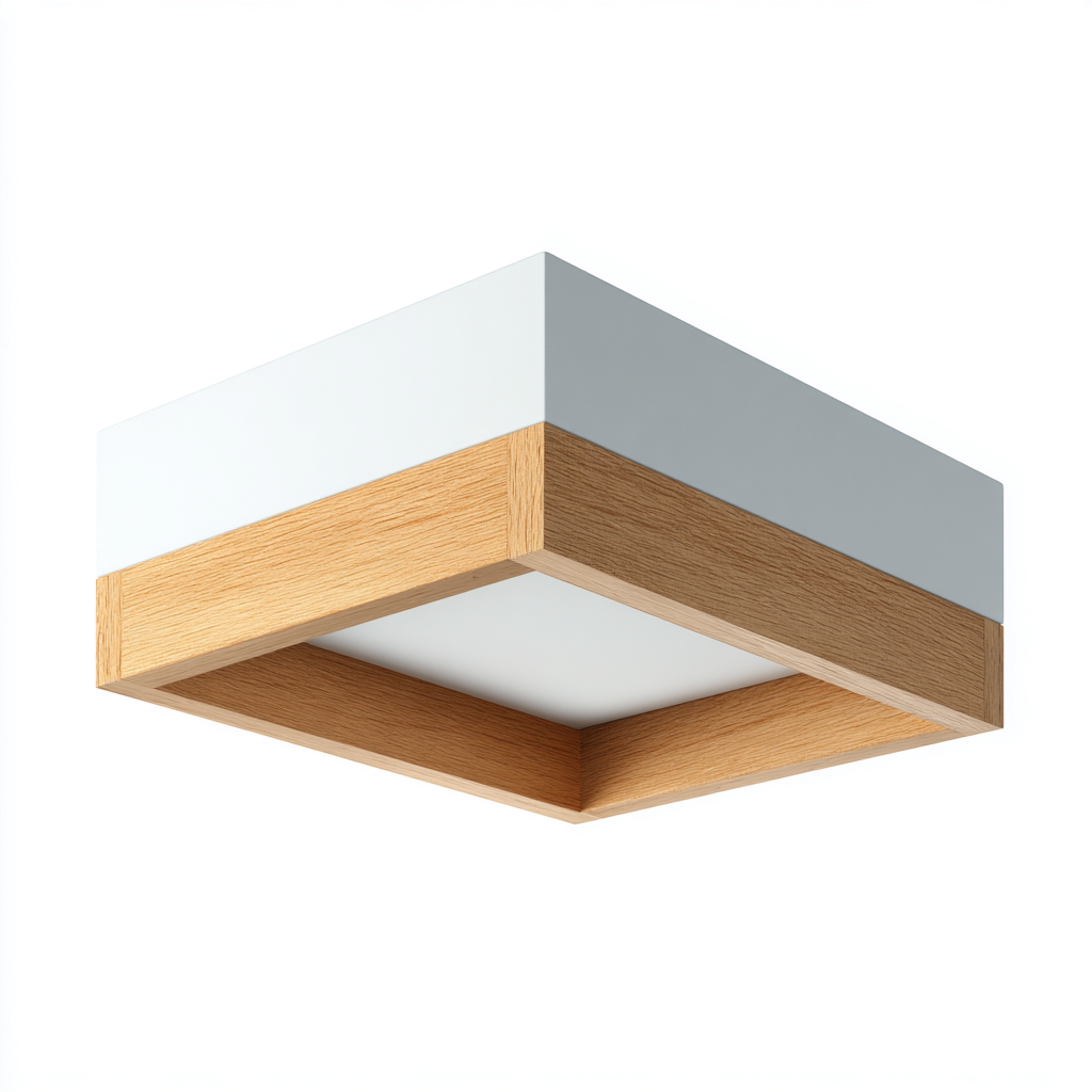 Plafonnier bois métal 30x30x8 cm Blanc Naturel Design moderne-Taraacorner