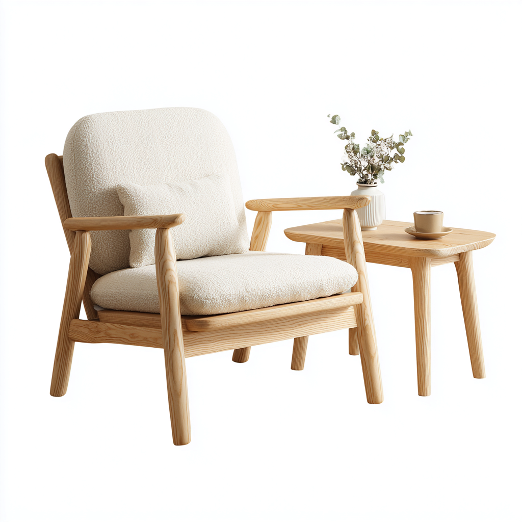 Fauteuil tissu bouclé avec accoudoirs bois massif et table basse assortie 78x82x92 cm - beige - adapté au salon - style naturel-Taraacorner