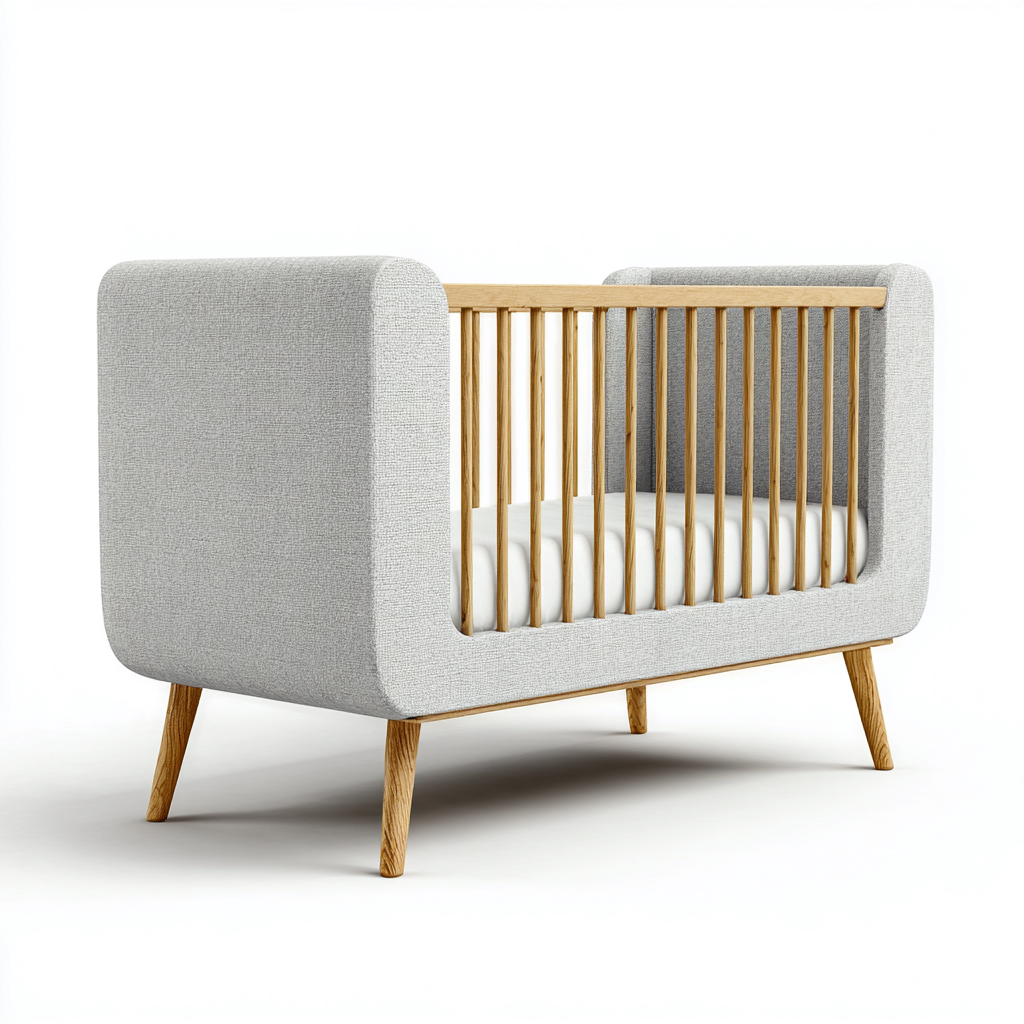 Lit bébé tissu gris clair et bois 120x60x85 cm - usage chambre enfant - style nordique-Taraacorner