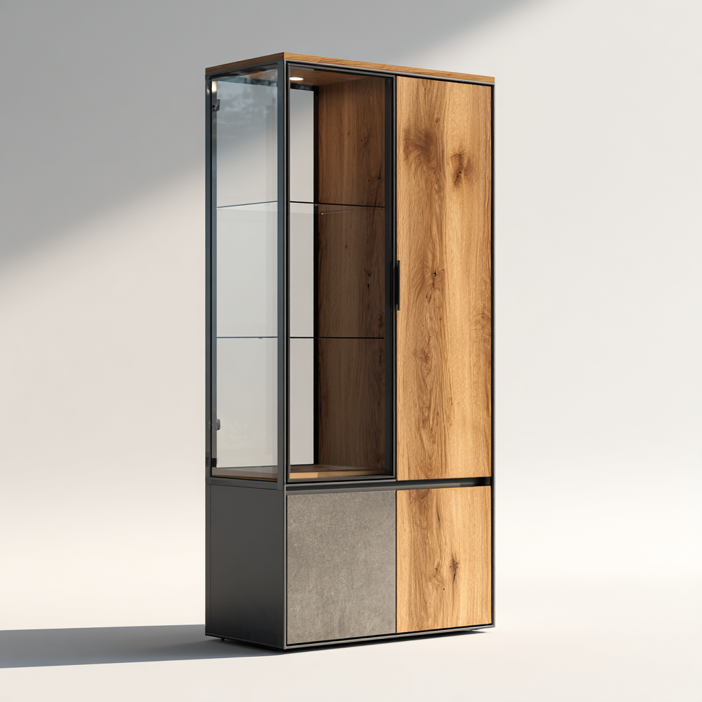 Vitrine en bois et verre 75x40x180 cm - bois naturel et gris béton - style contemporain pour salon ou salle à manger-Taraacorner