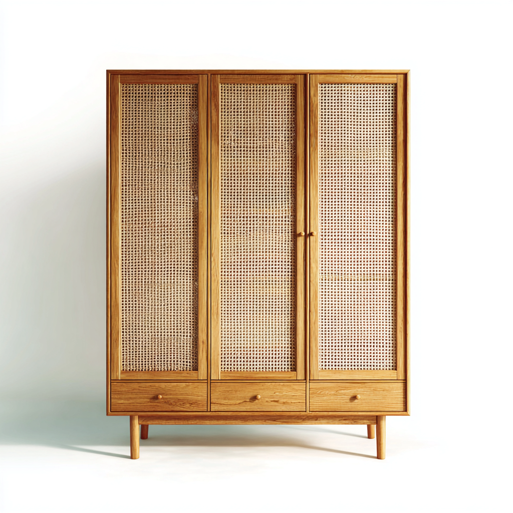 Armoire de rangement bois naturel et cannage 150x55x190 cm - adaptée à la chambre - style vintage contemporain-Taraacorner