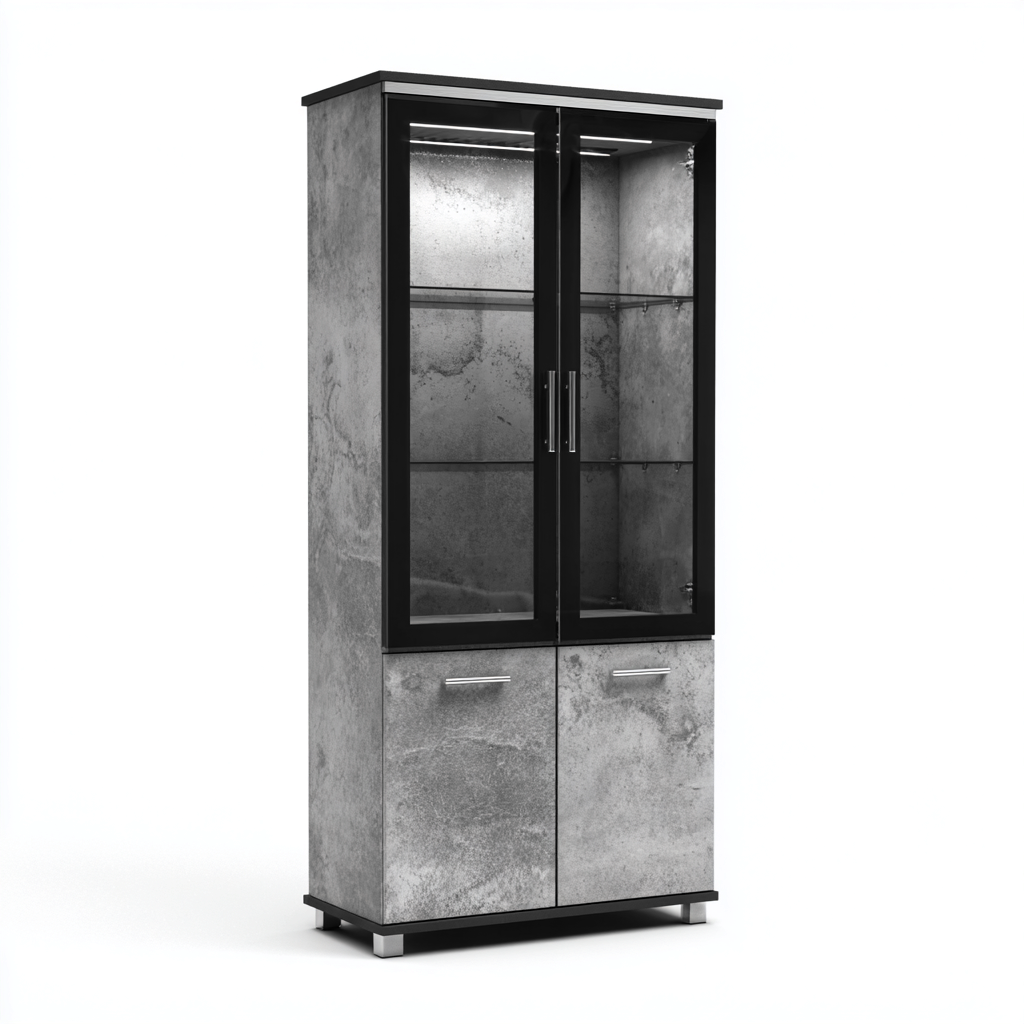 Vitrine en bois et verre 80x40x180 cm - gris béton et noir - style contemporain pour salon ou salle à manger-Taraacorner