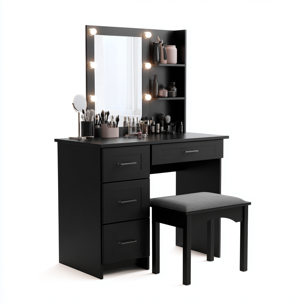 Coiffeuse avec miroir éclairé noir 110x45x145 cm - avec tabouret - style contemporain-Taraacorner