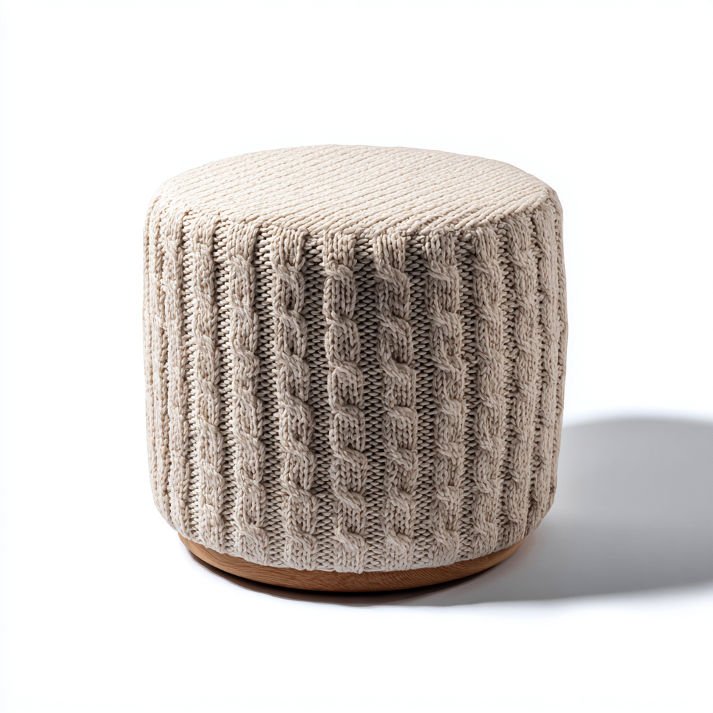 Pouf rond tricot textile bois 45x45x45 cm - Beige - Assise d'appoint décorative-Taraacorner