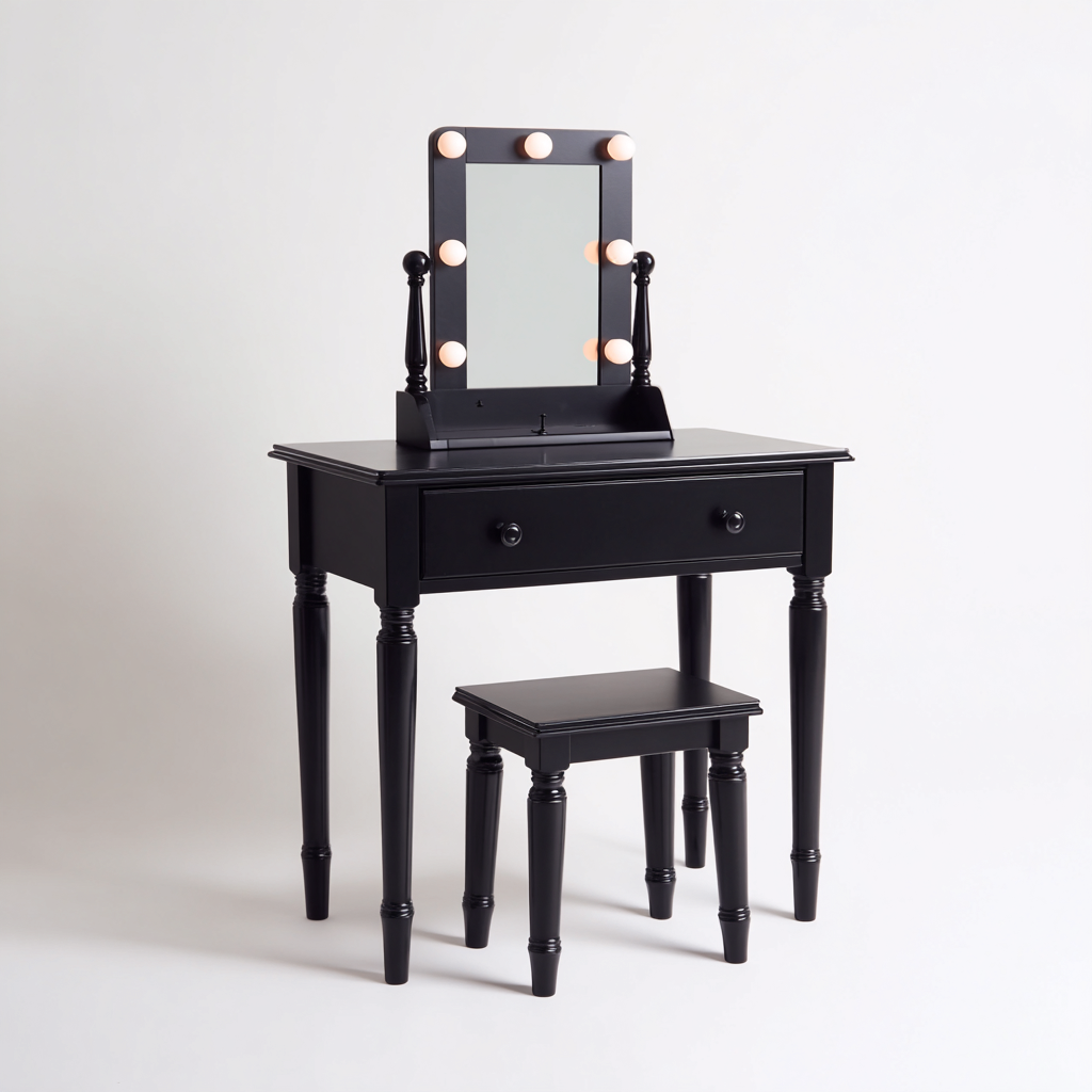 Coiffeuse avec miroir lumineux noir 90x45x140 cm - avec tabouret - style classique contemporain-Taraacorner
