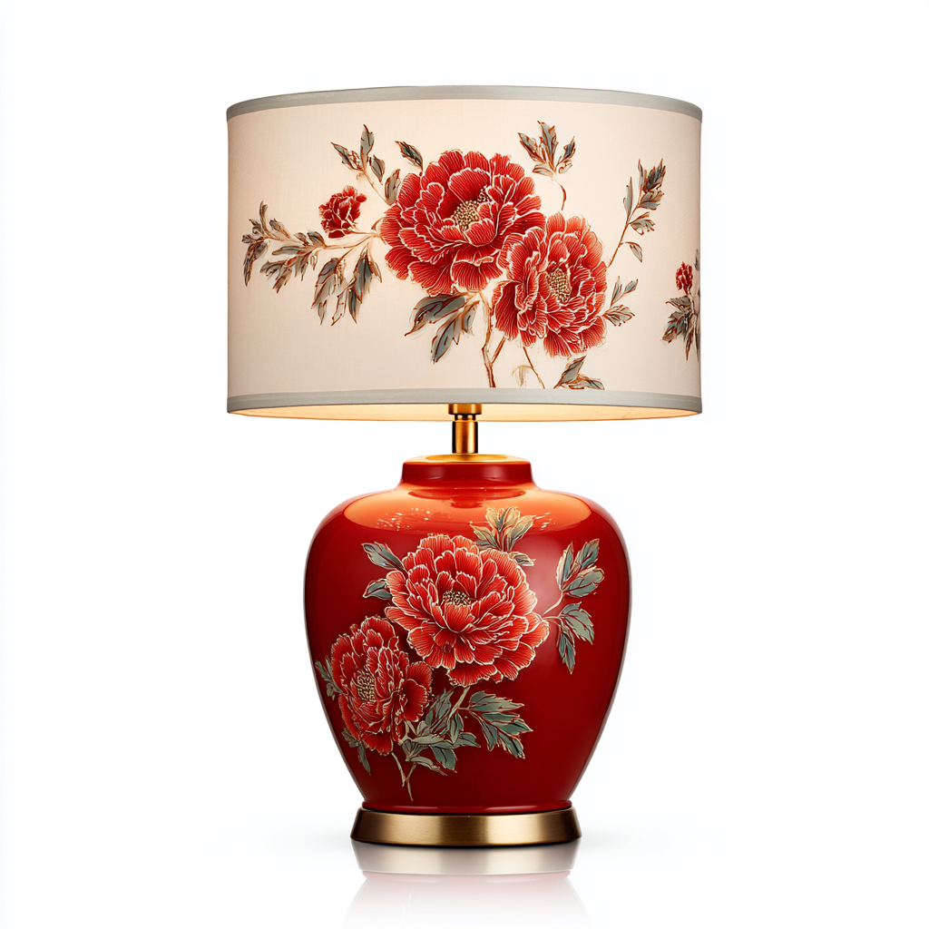 Lampe de table céramique-tissu 24x24x45 cm - rouge-blanc-or - style classique décoratif pour intérieur-Taraacorner
