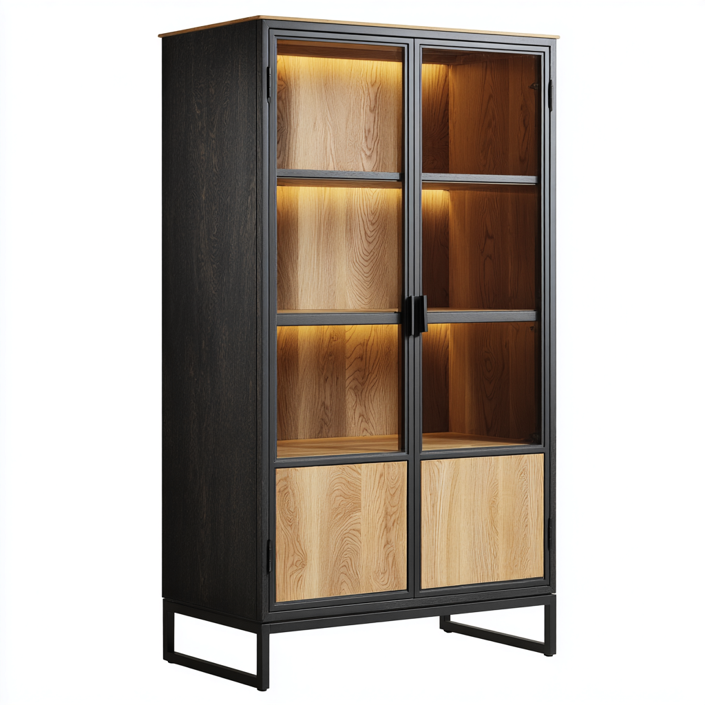Vitrine en bois et verre 85x40x180 cm - noir et bois naturel - style contemporain pour salon ou salle à manger-Taraacorner