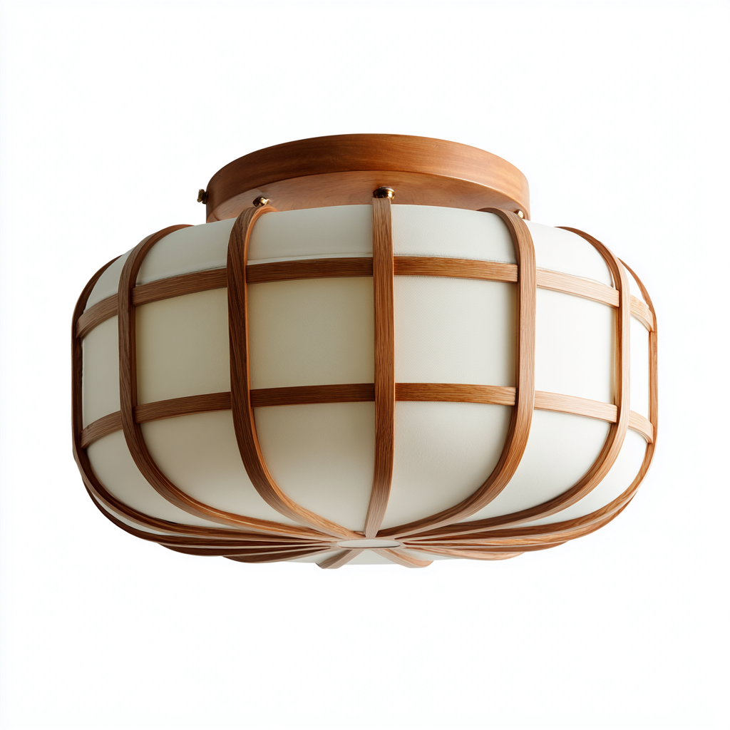 Plafonnier bois tissu 40x40x20 cm Blanc Naturel classique-Taraacorner