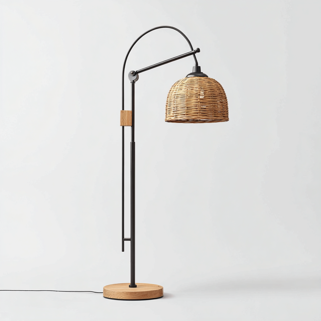 Lampadaire métal rotin 45x30x165 cm Noir Moderne-Taraacorner