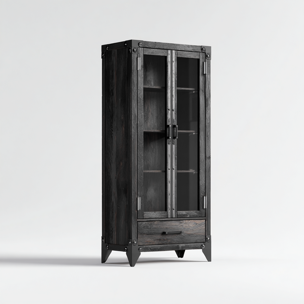 Vitrine en bois et verre 75x38x165 cm - noir - style industriel pour salon ou salle à manger-Taraacorner