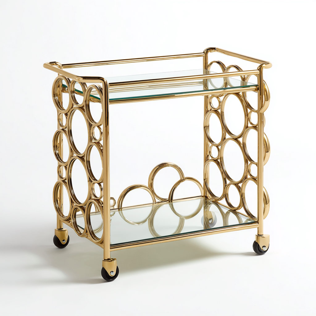 Desserte et chariot en métal doré à motifs circulaires avec plateaux en verre 68x40x80 cm - usage intérieur - design contemporain-Taraacorner