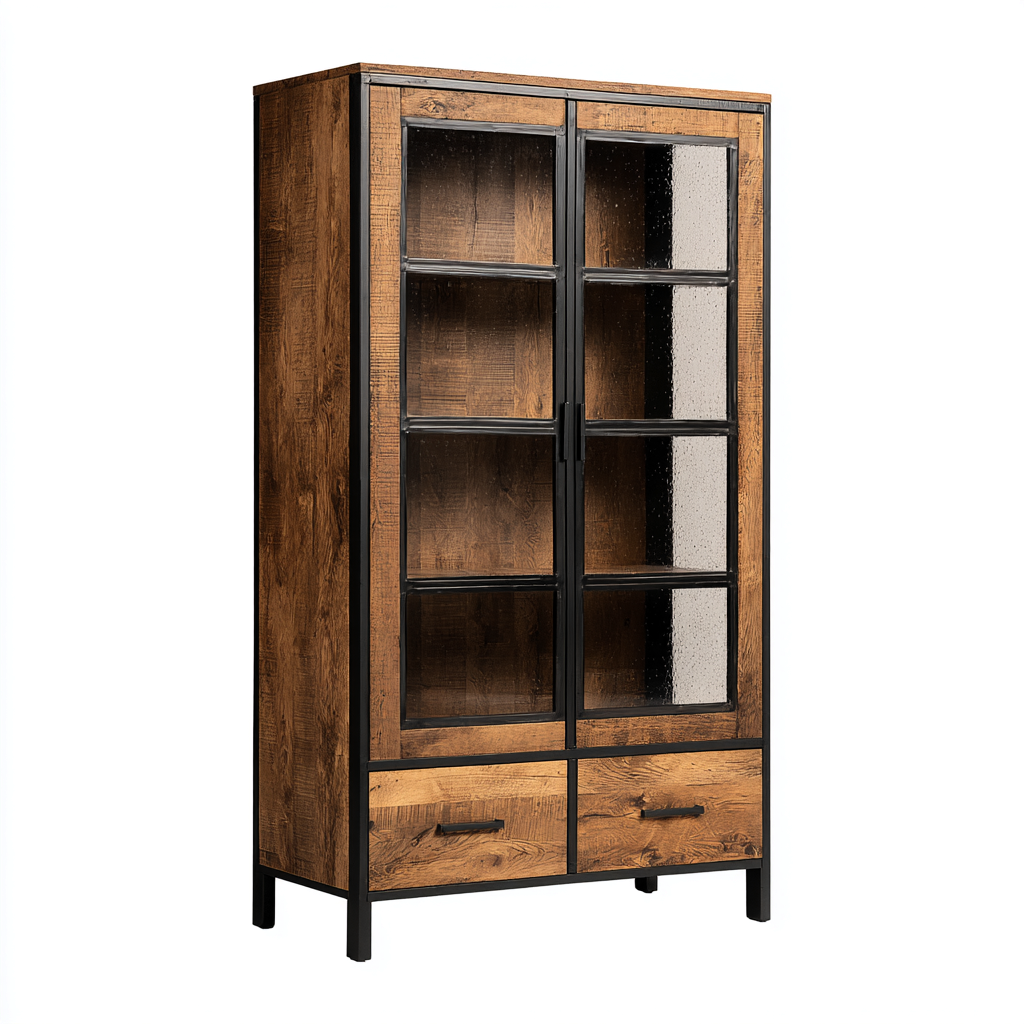 Vitrine en bois et verre 85x40x180 cm - bois marron et noir - style industriel pour salon ou salle à manger-Taraacorner