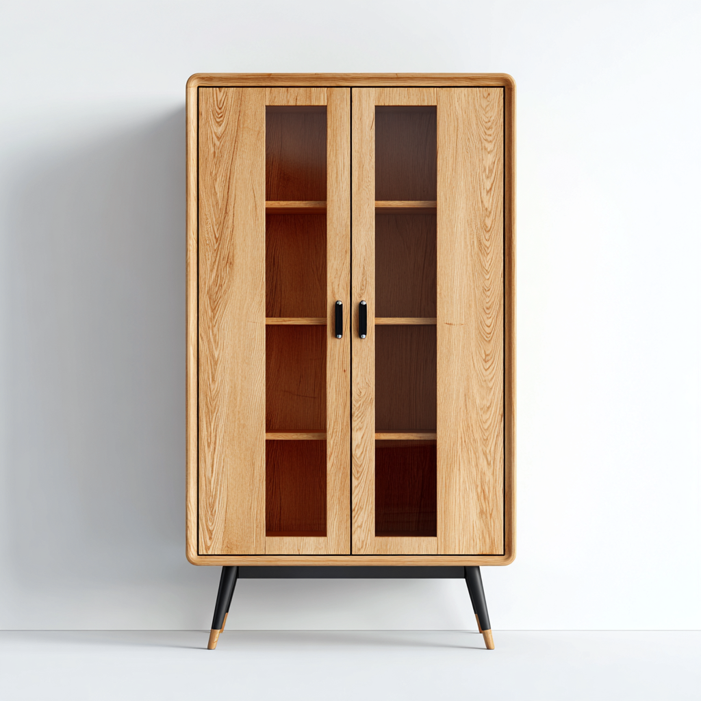 Vitrine en bois et verre 80x40x165 cm - chêne clair et noir - style scandinave pour salon ou salle à manger-Taraacorner