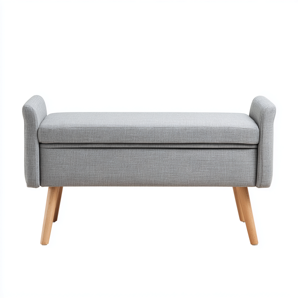 Banc de lit tissu bois 120x40x45 cm - Gris clair - Design nordique avec accoudoirs et rangement-Taraacorner