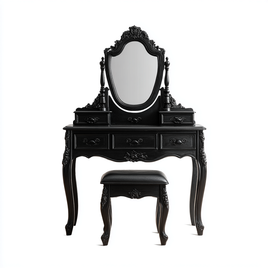 Coiffeuse classique noire sculptée 120x50x150 cm - avec miroir et tabouret - style baroque-Taraacorner