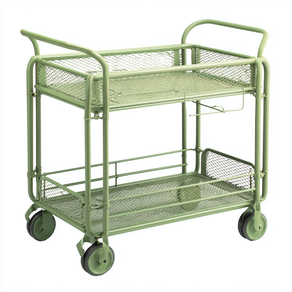 Desserte et chariot en métal vert avec structure tubulaire et paniers grillagés 80x40x85 cm - usage intérieur - style industriel fonctionnel-Taraacorner