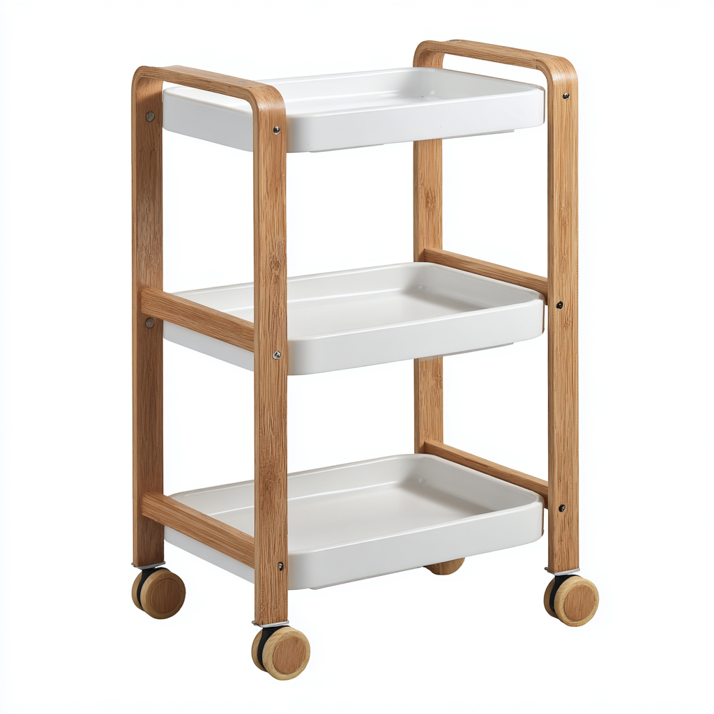 Desserte et chariot à trois niveaux en bois naturel avec plateaux blancs 40x30x85 cm - usage intérieur - style scandinave fonctionnel-Taraacorner