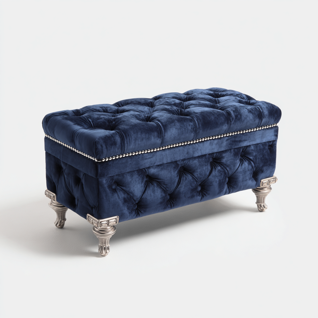 Banc de lit tissu velours bois 110x40x45 cm - Bleu foncé - Style classique avec rangement-Taraacorner
