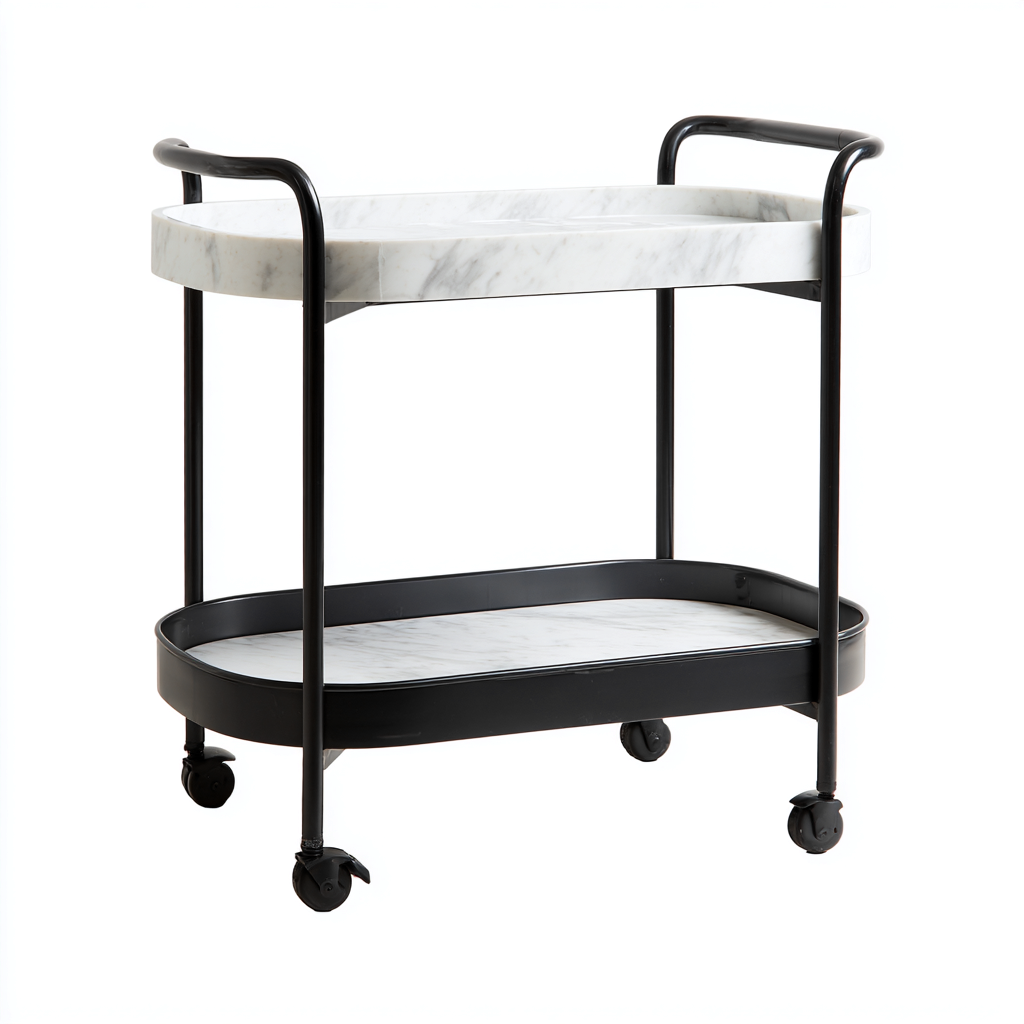 Desserte et chariot en marbre blanc et métal noir 70x40x80 cm - double plateau - usage intérieur-Taraacorner