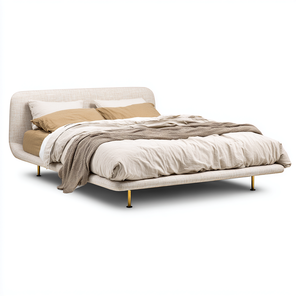 Lit double contemporain tissu lin 210x160x105 cm - beige - design épuré - chambre-Ratilyinterior