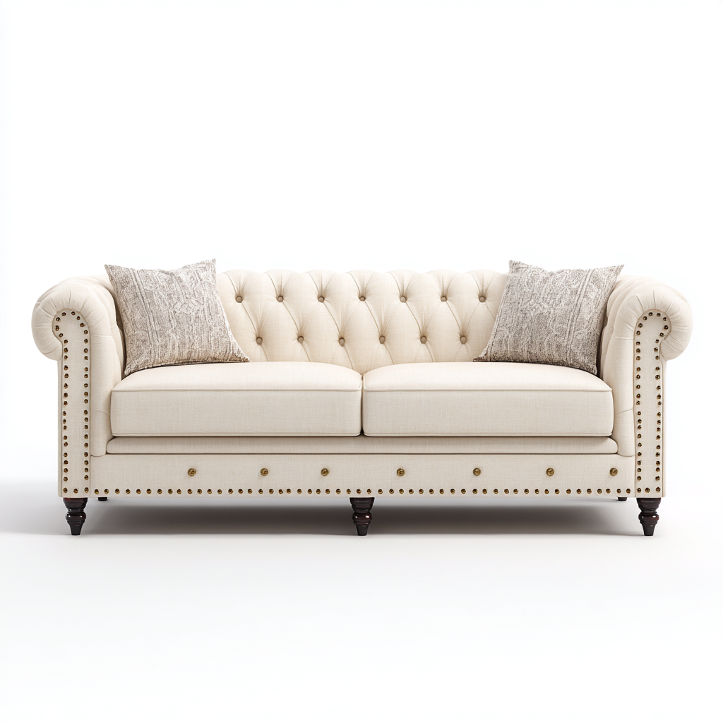 Canapé 3 places en tissu 215x95x75 cm - crème - pour salon - style classique capitonné-Ratilyinterior