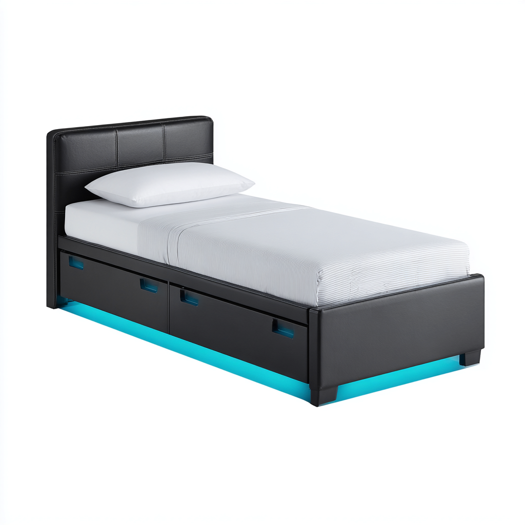 Lit simple tapissé avec rangements intégrés et éclairage LED 205x98x95 cm - noir - pour chambre - design moderne-Ratilyinterior