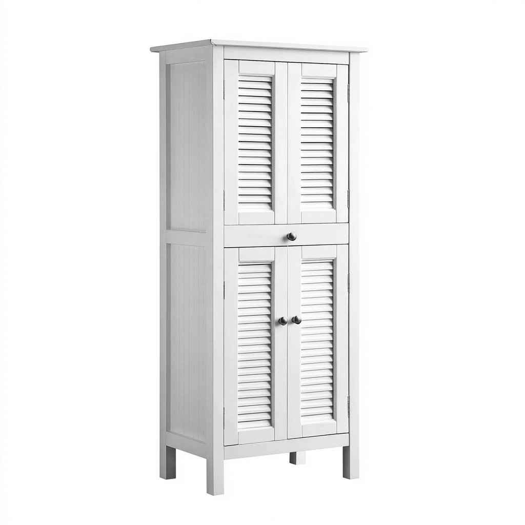 Rangement de salle de bain sur pied en bois 40x30x170 cm - blanc - avec portes à persiennes - style classique-Ratilyinterior