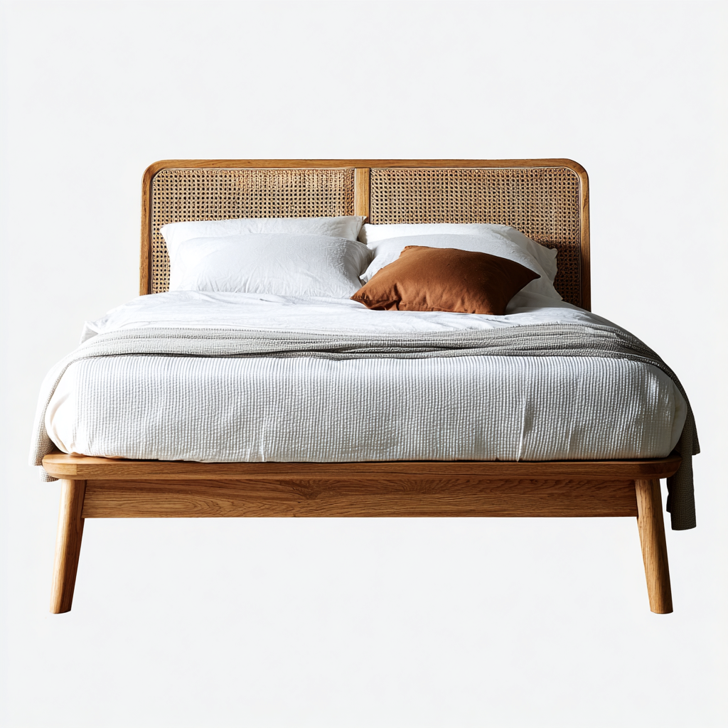 Lit double bois massif tête de lit cannage 210x160x120 cm - bois naturel - style naturel - chambre-Ratilyinterior