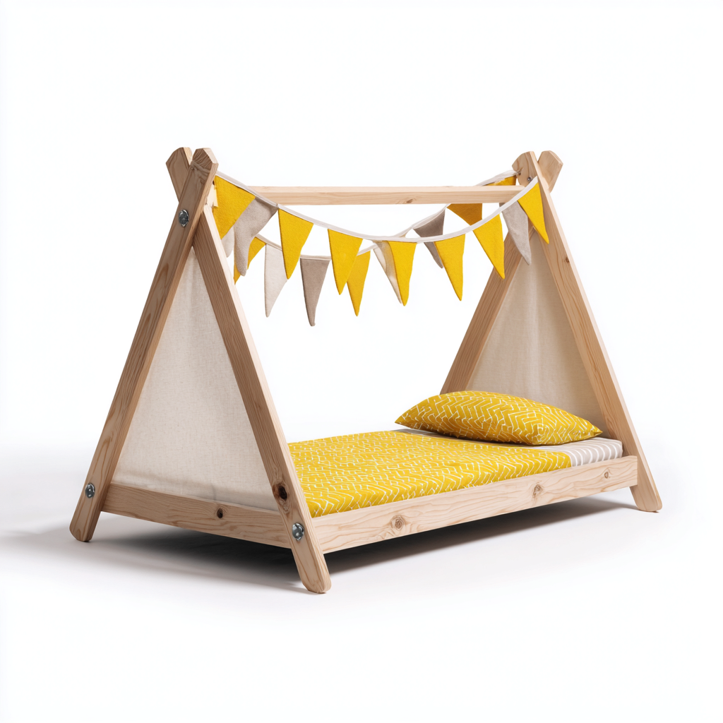 Lit enfant en bois massif forme tente A-frame 160x80x120 cm - bois naturel - jaune - design ludique pour chambre d'enfant-Ratilyinterior