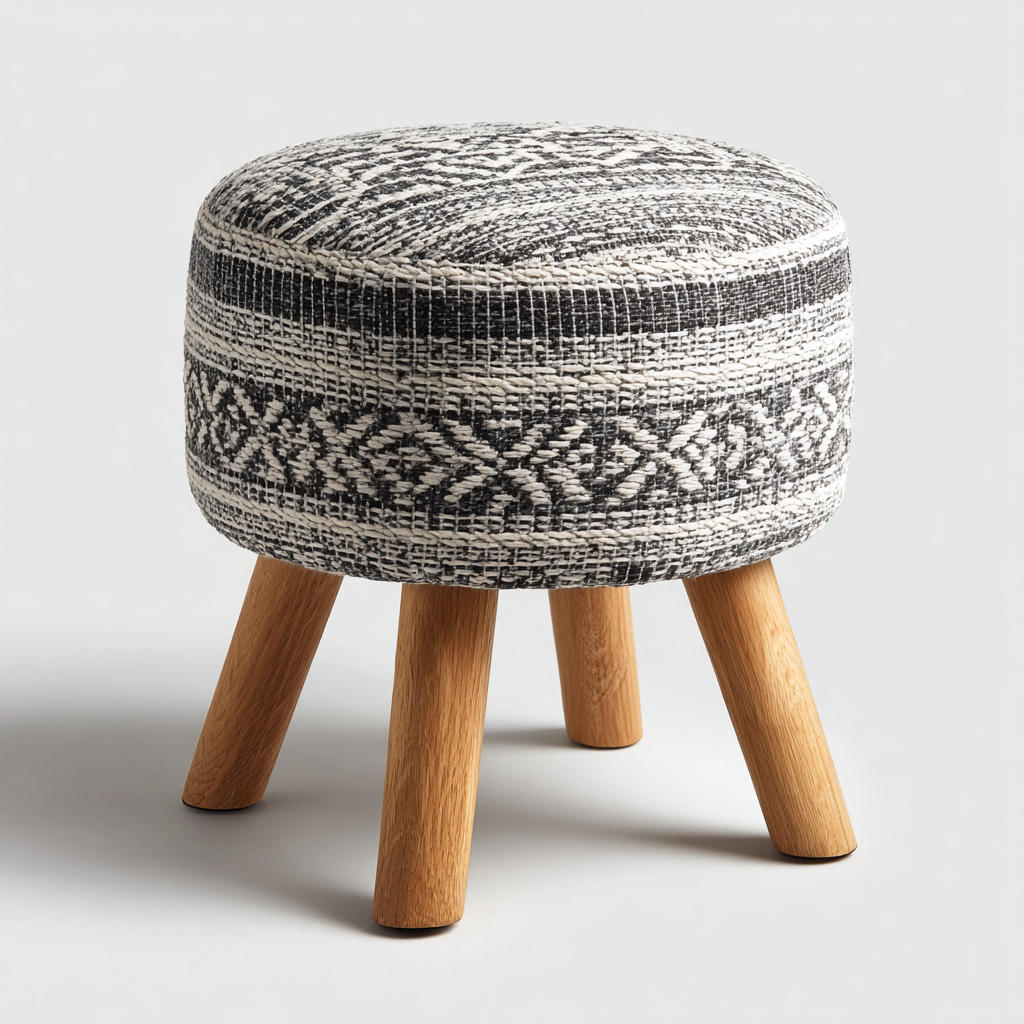 Pouf rond en tissu tissé 35x35x40 cm - noir et blanc - salon - assise d'appoint décorative-Ratilyinterior